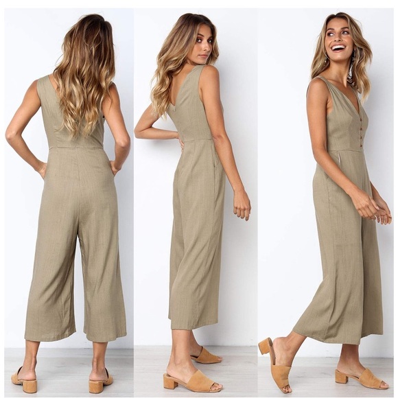 Pants - Jumpsuit Casual Button Deep V Neck Sleeveless
